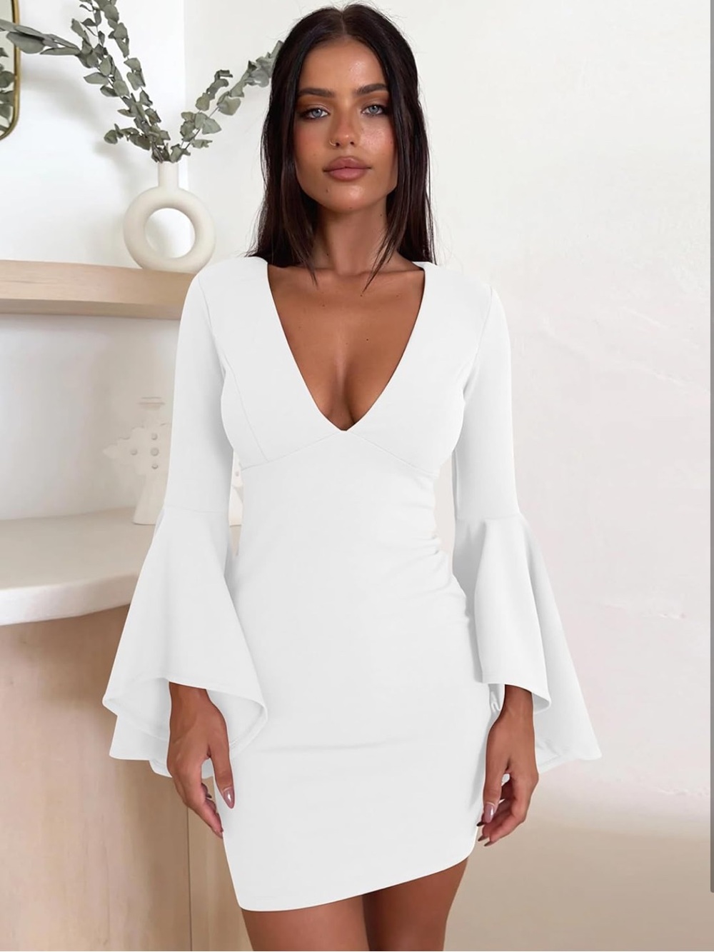 Elegant White V-Neck Long Bell Sleeve Dress
